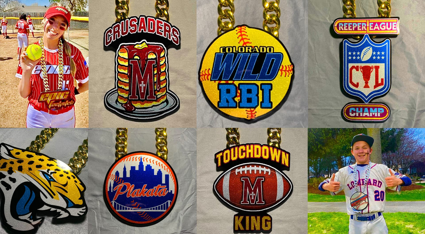Collection of sports-themed medals and a person holding a baseball.